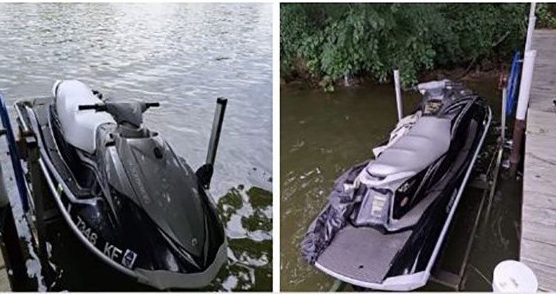 Side by side photos of black 2008 Yamaha Deluxe at dock