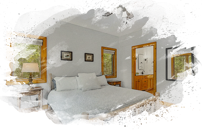 Photo of a bedroom with wood door and window frames with a watercolor texture
