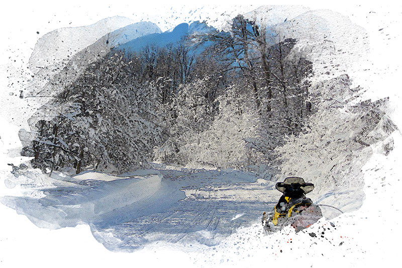 Image of a snowmobile trail in a watercolor textured style